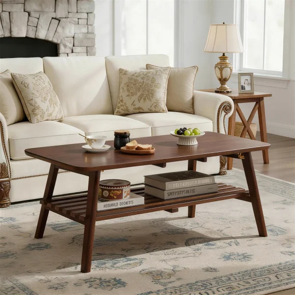 Mid-Century Coffee Table with Storage in rubberwood