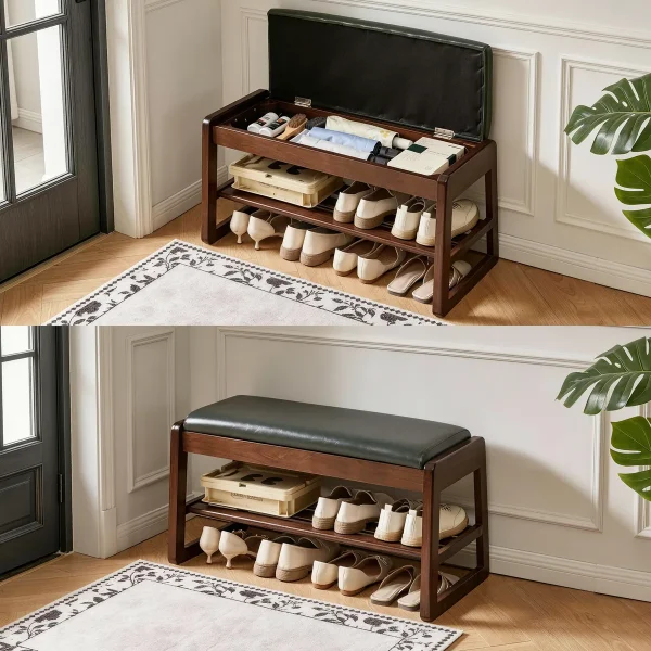 Lift-Top Shoe Bench, 31.5 in, Green in rubberwood