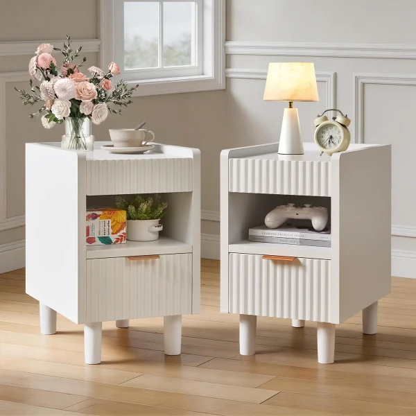 Fluted Nightstands, Set of 2, White in MDF