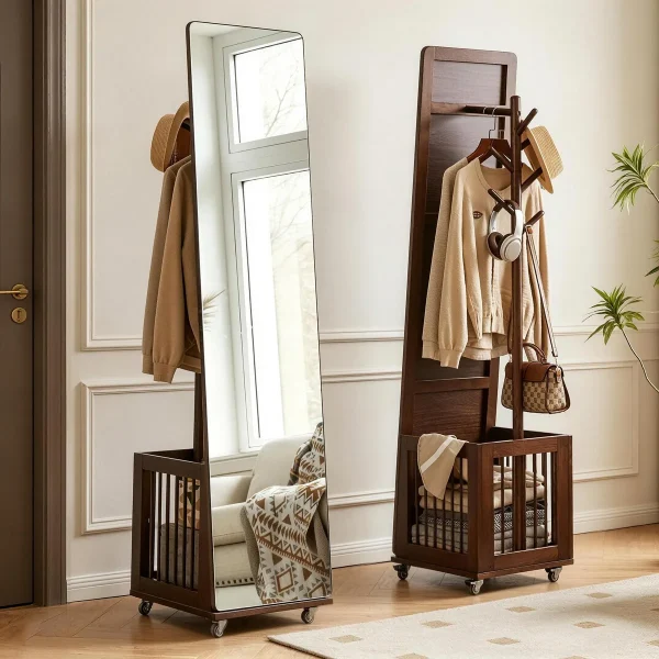 Rolling Coat Rack with Storage Basket in rubberwood