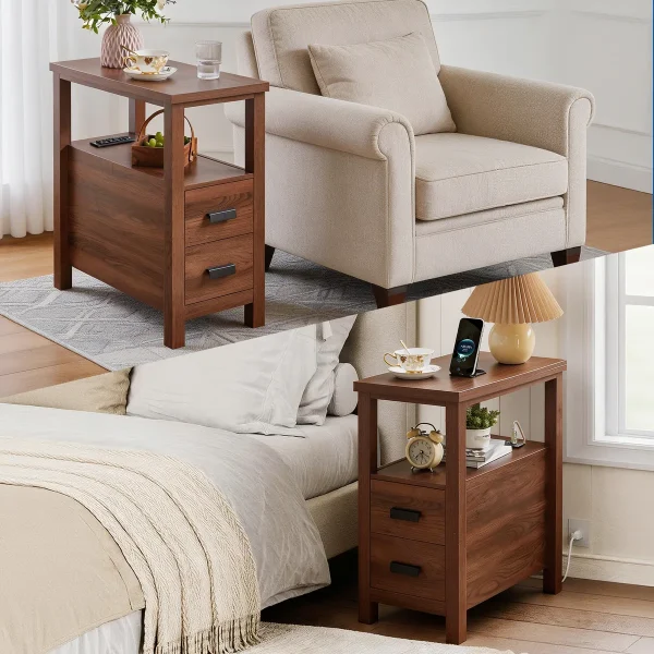 Side Table with Charging Station, Walnut in MDF